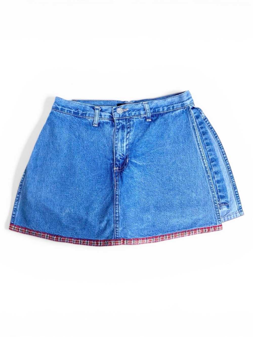 BeBop Blue Denim Mini Skort with Red Plaid Trim